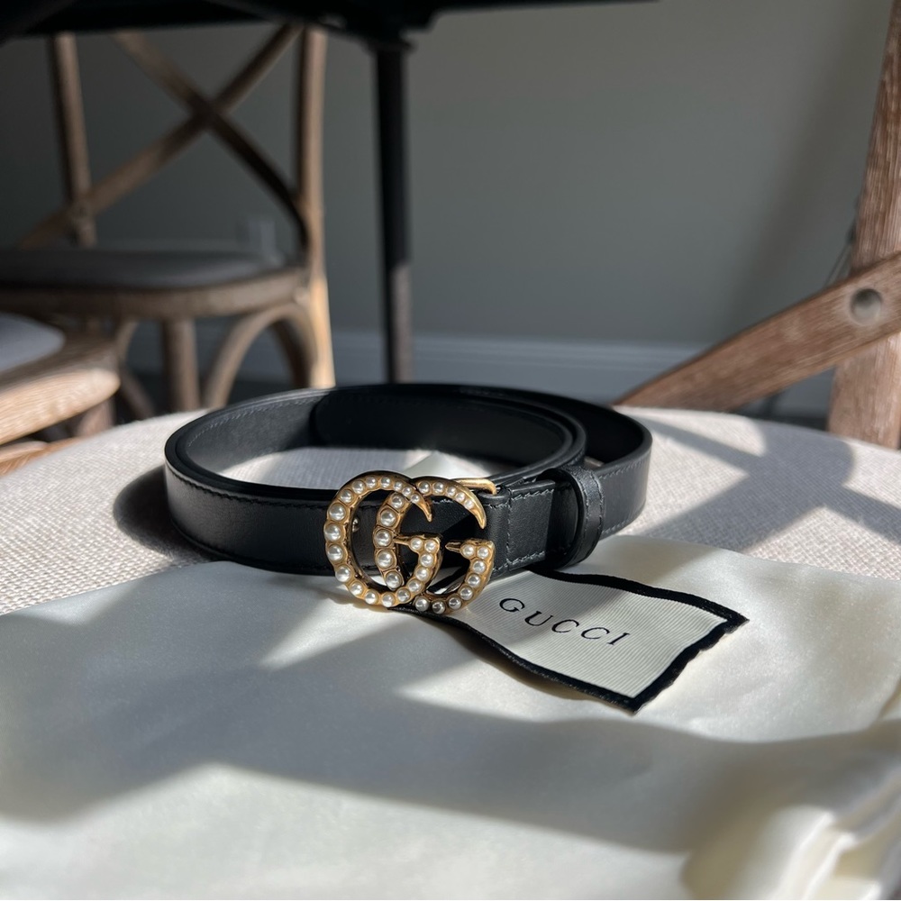Gucci leather belt with Pearl double G buckle